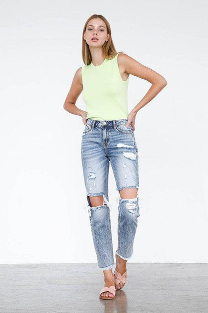 High Rise Straight Jeans - Light Wash Cropped Denim - Fashions Envy