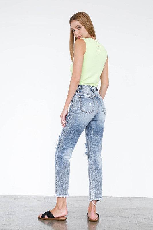 High Rise Straight Jeans - Light Wash Cropped Denim - Fashions Envy