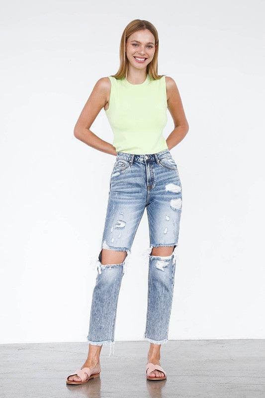 High Rise Straight Jeans - Light Wash Cropped Denim - Fashions Envy