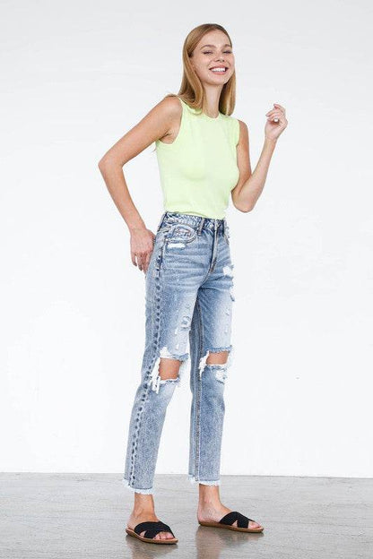 High Rise Straight Jeans - Light Wash Cropped Denim - Fashions Envy