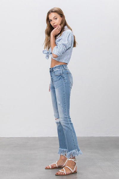 Frayed Hem Flare Leg Medium Wash Denim Jeans - Fashions Envy