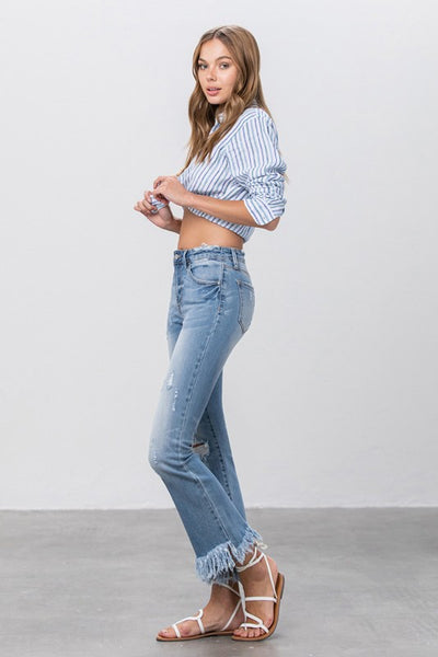 Frayed Hem Flare Leg Medium Wash Denim Jeans - Fashions Envy