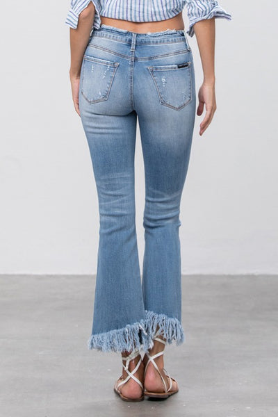 Frayed Hem Flare Leg Medium Wash Denim Jeans - Fashions Envy