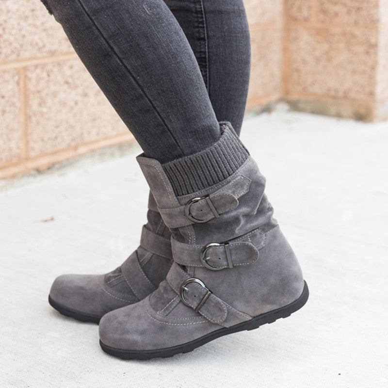 Women's Casual Winter Boots - Strap Buckle Design - Fashions Envy