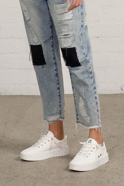 Raw Hem Patched Medium Wash Jeans - Fashions Envy