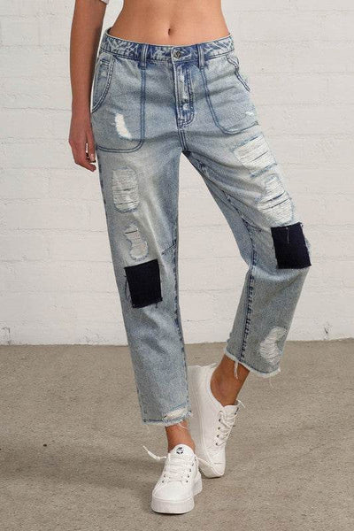 Raw Hem Patched Medium Wash Jeans - Fashions Envy