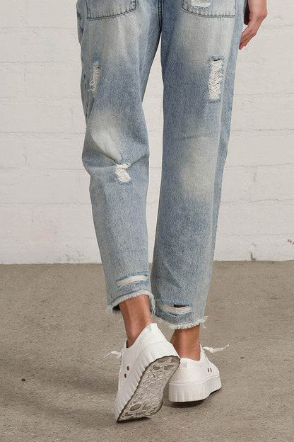 Raw Hem Patched Medium Wash Jeans - Fashions Envy