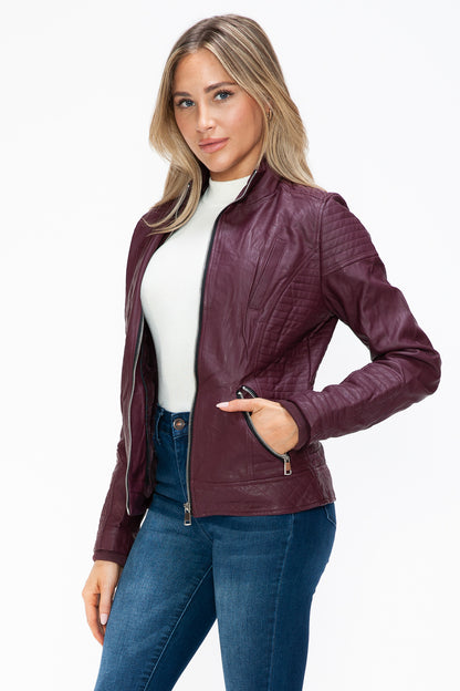 Wine Faux Layered Double-Zipper Jacket with Fuzzy Hood