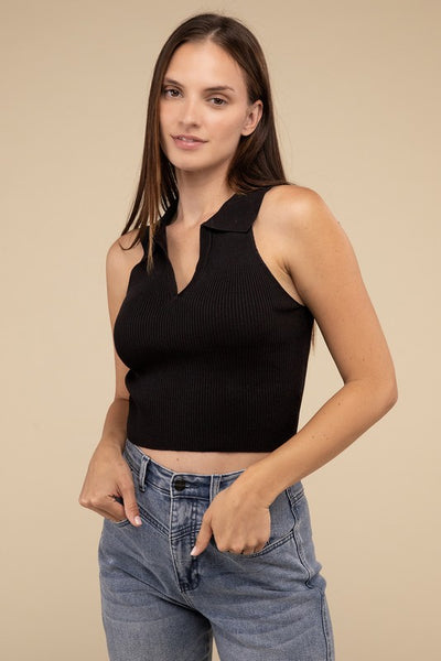 Sleeveless Collared Cropped Hem Knit Fitted Sleeveless Top