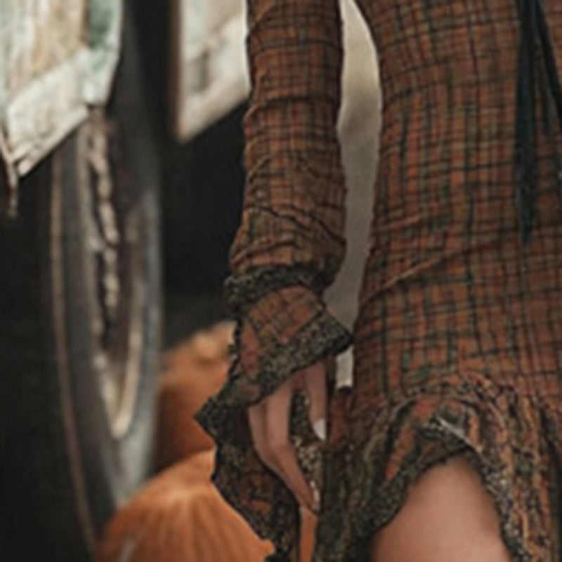 Plaid Midi Dress - Deep V-Neck Ruffle Trim Vintage Style