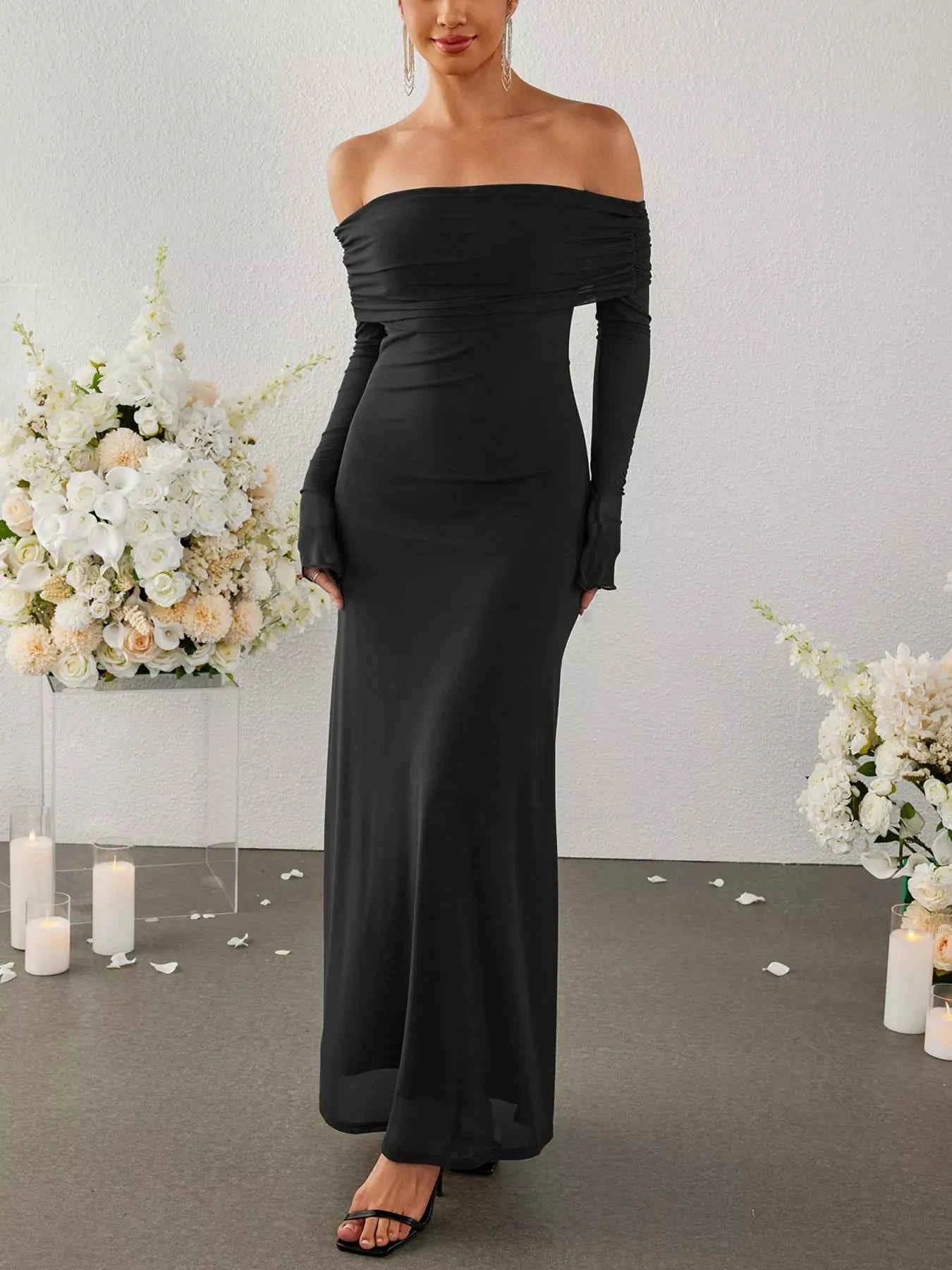 Off-Shoulder Ruched Long Sleeve Maxi Dress