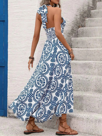 Floral Halter Maxi Dress - Tie Neck Blue Print