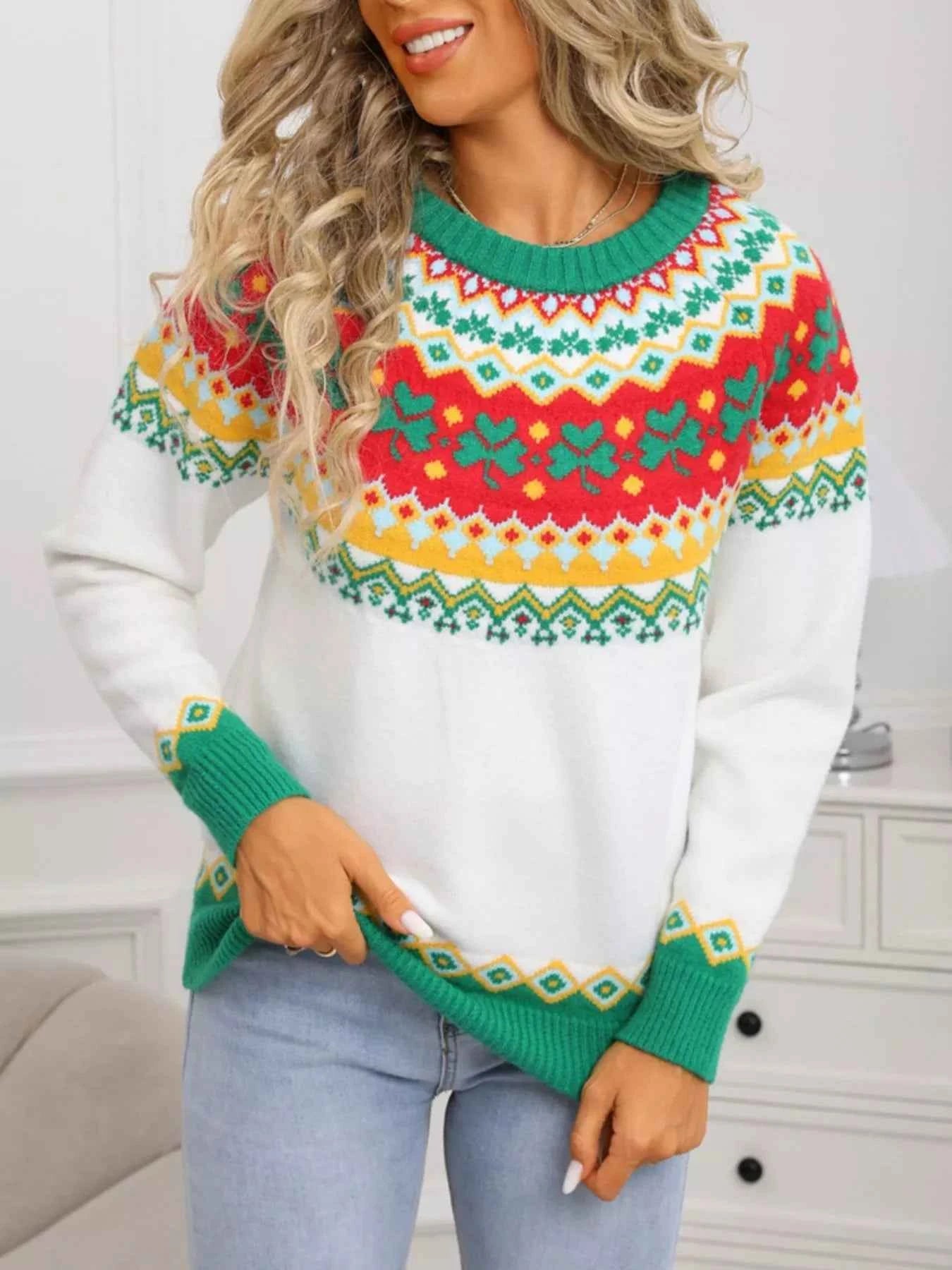 Clover Pattern Sweater - Long Sleeve Knitted Round Neck - Fashions Envy