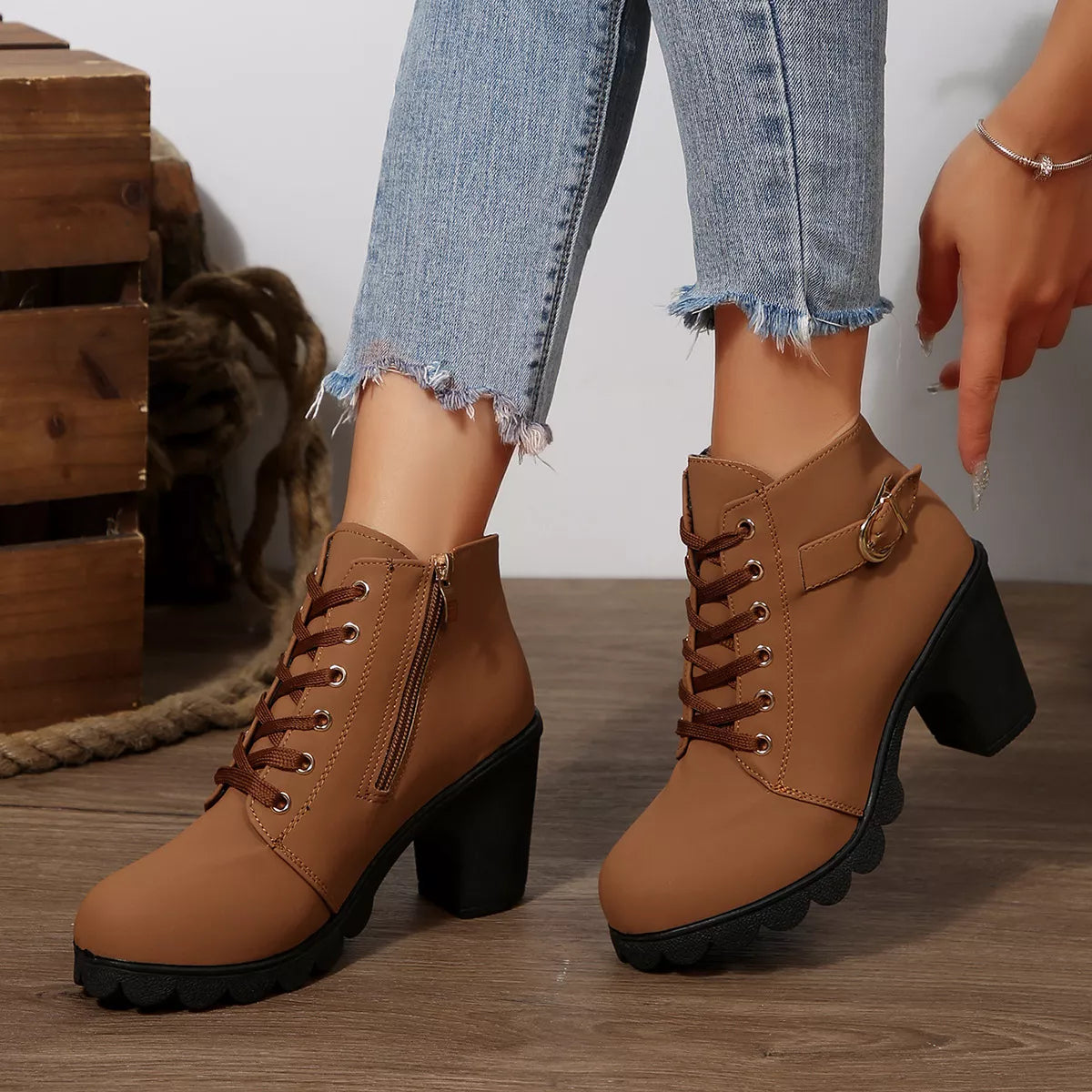Lace Up Boots - Block High Heels - Fashions Envy