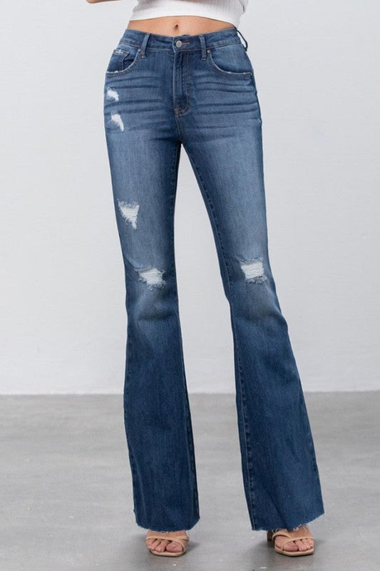 Dark Wash Mid Rise Wide Flare Bottom Jeans