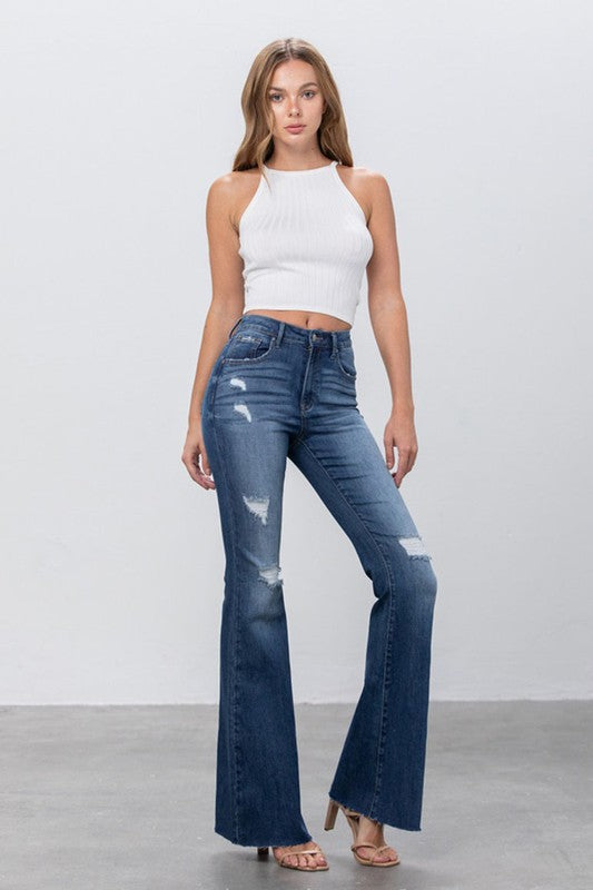 Dark Wash Mid Rise Wide Flare Bottom Jeans