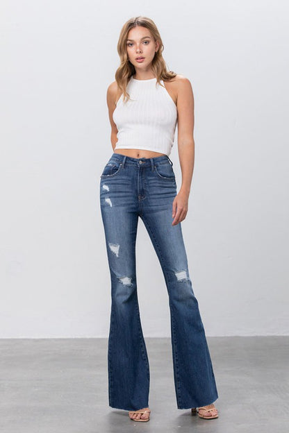 Dark Wash Mid Rise Wide Flare Bottom Jeans