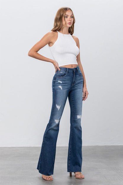 Dark Wash Mid Rise Wide Flare Bottom Jeans