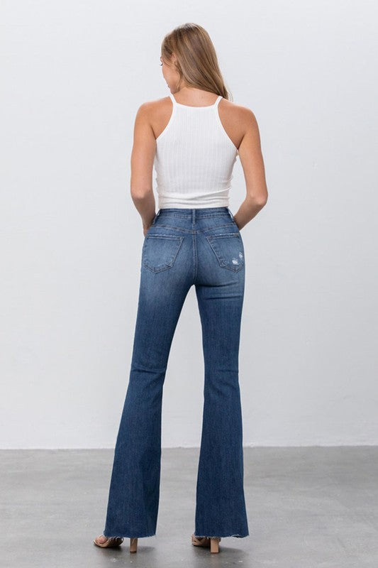 Dark Wash Mid Rise Wide Flare Bottom Jeans