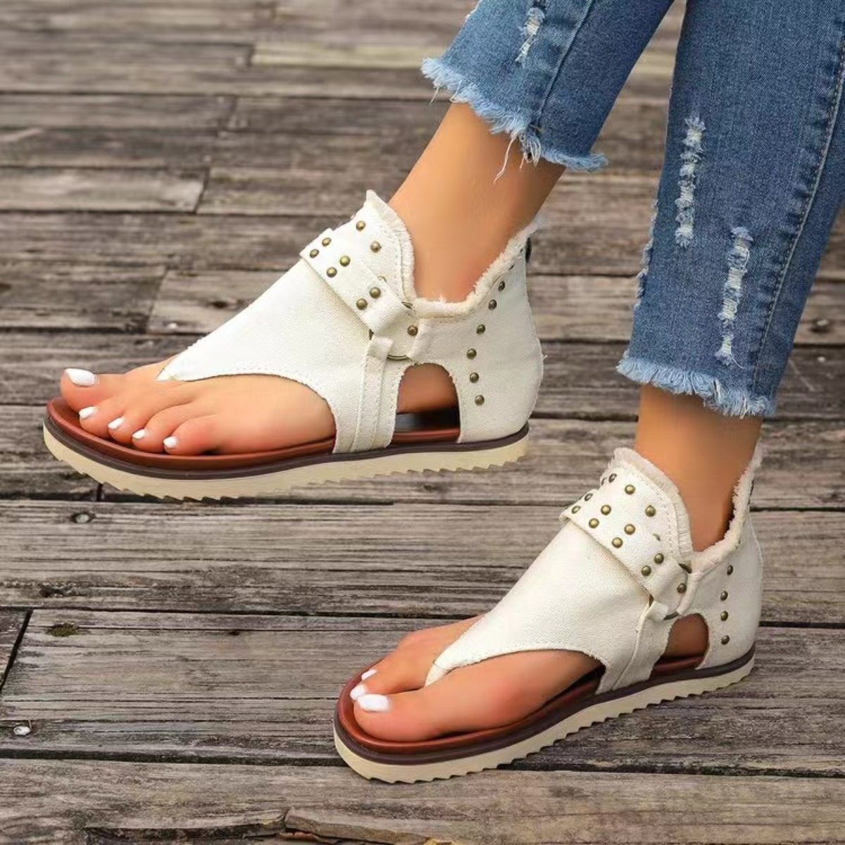 Studded Raw Hem Flat Sandals - Fashions Envy