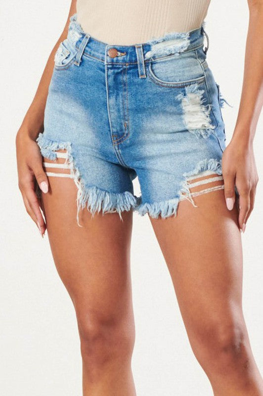 Distressed Casual Vintage Wash Fitted Denim Shorts