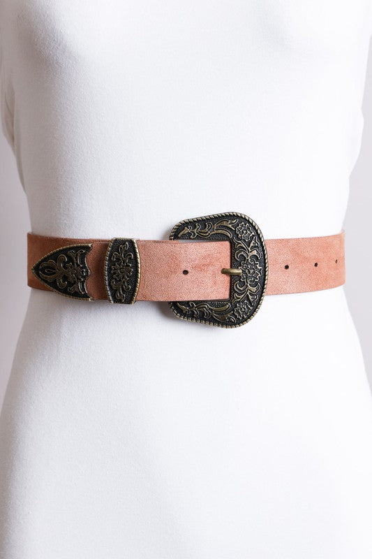 Vegan Suede Antique Gold Western Buckle Belt