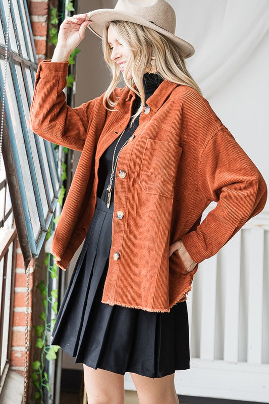 Ribbed Velvet Button Up Long Sleeve Jacket