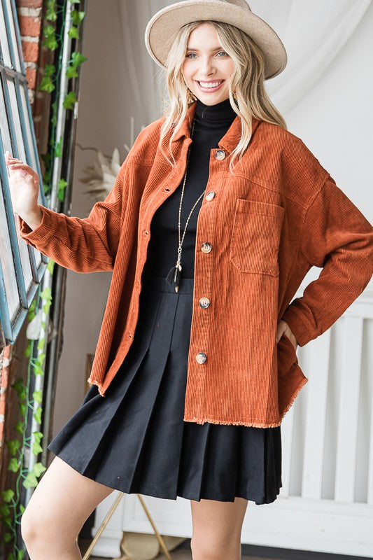 Ribbed Velvet Button Up Long Sleeve Jacket