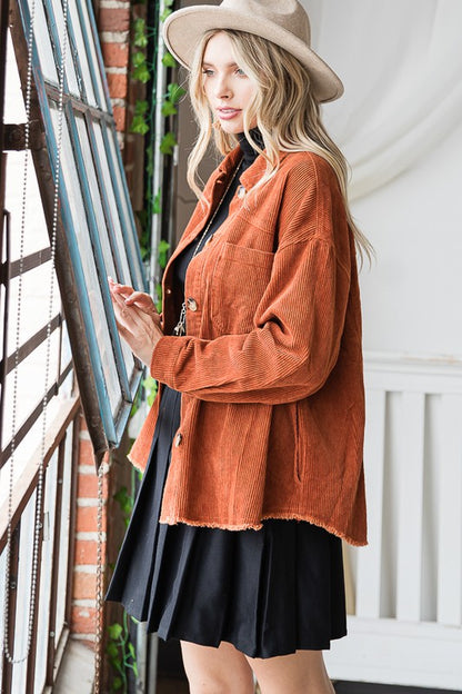 Ribbed Velvet Button Up Long Sleeve Jacket