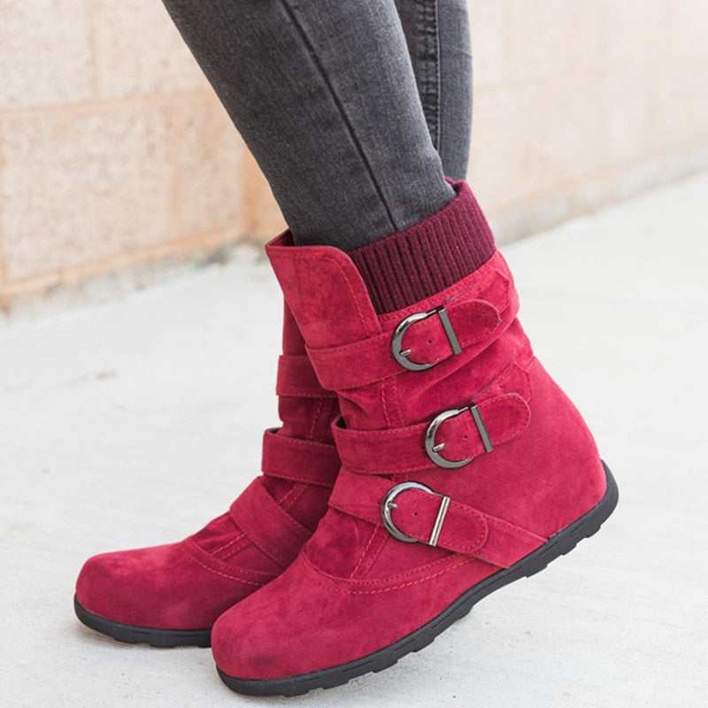 Women's Casual Winter Boots - Strap Buckle Design - Fashions Envy