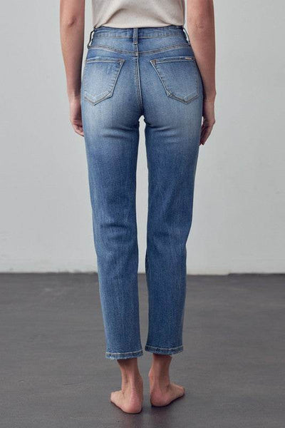 High-Rise Cropped Girlfriend Jeans with Ripped Details - Fashions Envy