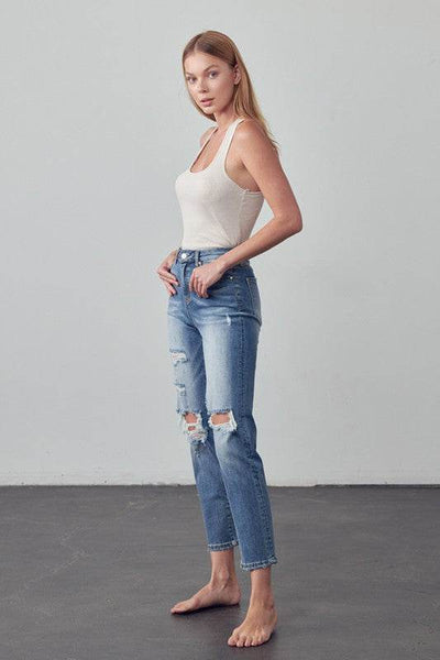 High-Rise Cropped Girlfriend Jeans with Ripped Details - Fashions Envy