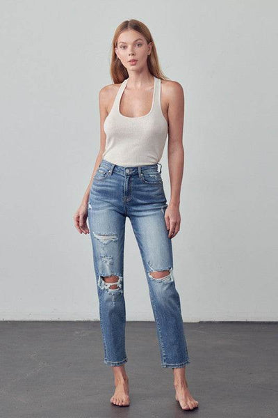 High-Rise Cropped Girlfriend Jeans with Ripped Details - Fashions Envy