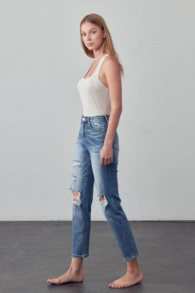 High-Rise Cropped Girlfriend Jeans with Ripped Details - Fashions Envy