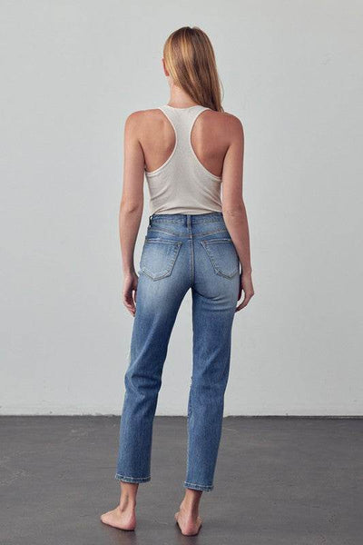 High-Rise Cropped Girlfriend Jeans with Ripped Details - Fashions Envy