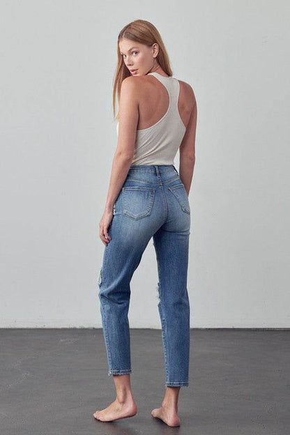 High-Rise Cropped Girlfriend Jeans with Ripped Details - Fashions Envy