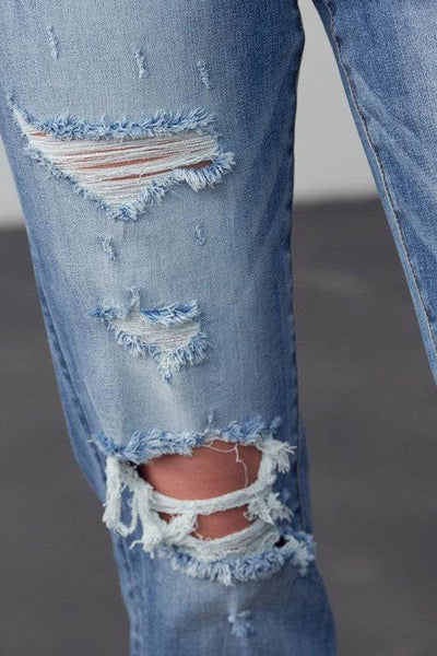High-Rise Cropped Girlfriend Jeans with Ripped Details - Fashions Envy