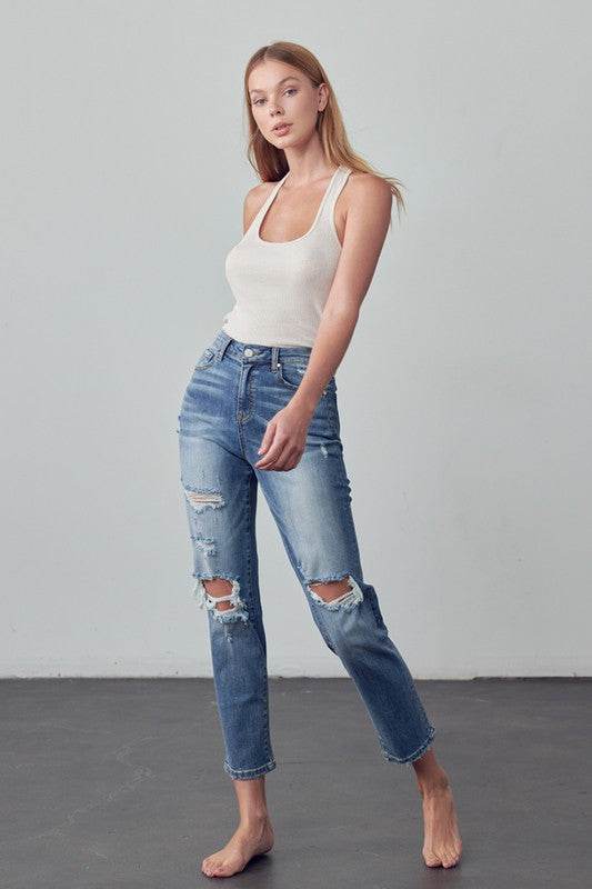 High-Rise Cropped Girlfriend Jeans with Ripped Details - Fashions Envy