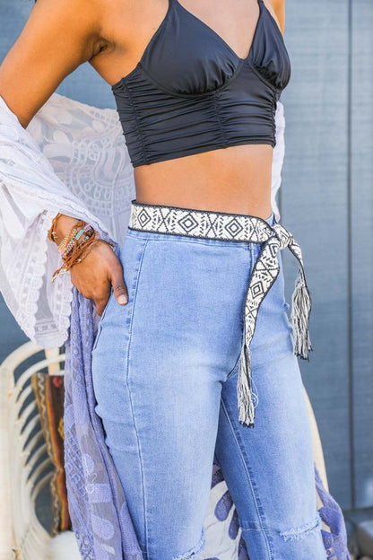 Woven Aztec Waist Tie Belt with Frayed Trim