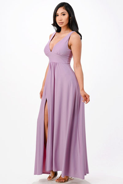 Dull Tricot Deep-V Neck A line Maxi Dress
