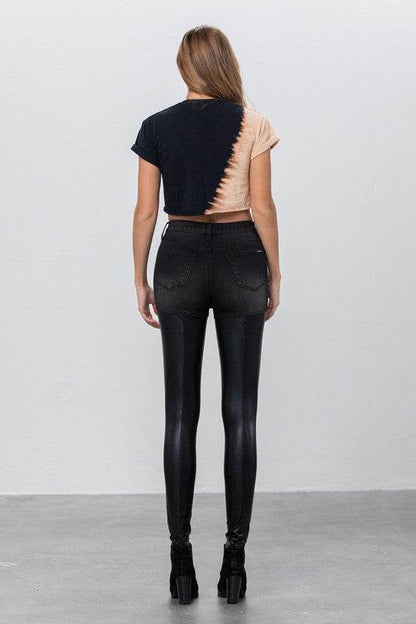 High-Rise Leather-Look Skinny Denim Pants in Dark Wash - Fashions Envy
