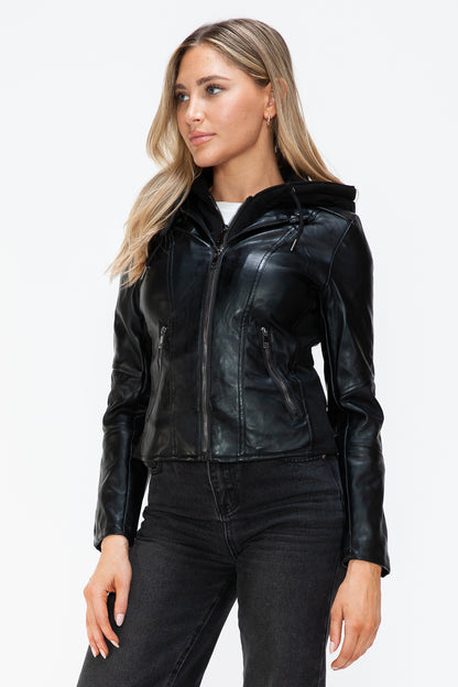 Black Faux Leather Zip Up Drawstring Hooded Jacket