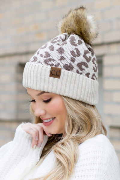 Leopard Fur Pom Beanie - Fashions Envy