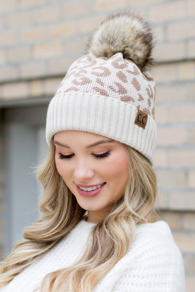 Leopard Fur Pom Beanie - Fashions Envy