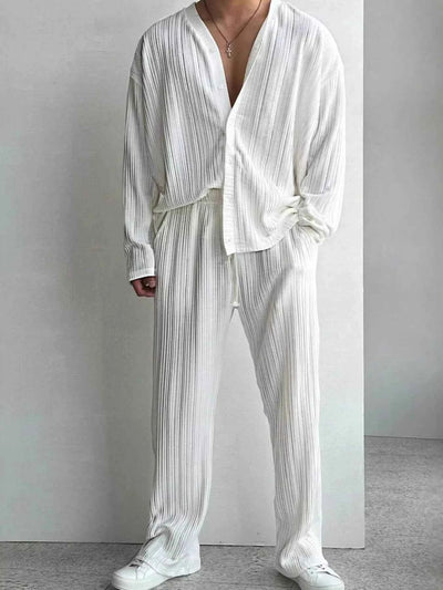 Men's Full Size Textured Button Up Shirt and Pants Set Plus Size