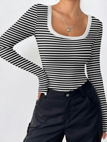 Trendsi black and white striped long sleeve Scoop Neck T-Shirt with white trim styled with black pants