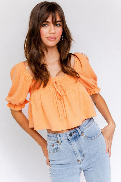 Puff Sleeve Smocking Detail Flared Cropped Top