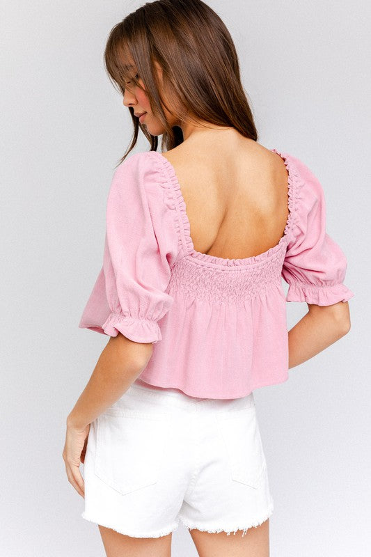 Puff Sleeve Smocking Detail Flared Cropped Top