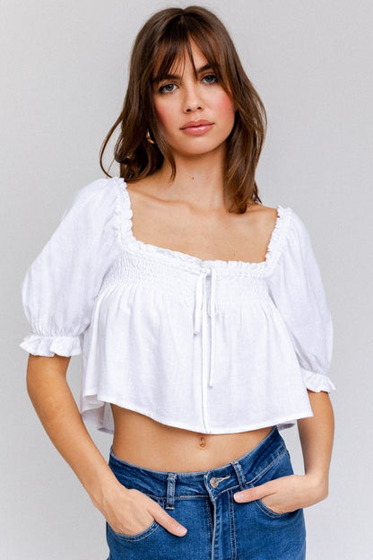 Puff Sleeve Smocking Detail Flared Cropped Top