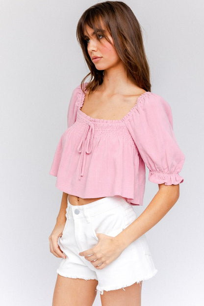 Puff Sleeve Smocking Detail Flared Cropped Top